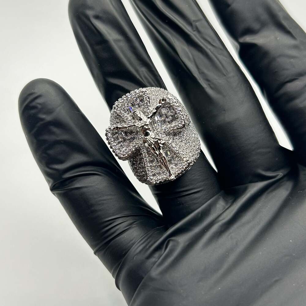 Moissanite Silver Cross Jesus Ring Size 8 Mens Iced VVS1 Crazy Shine Waterproof
